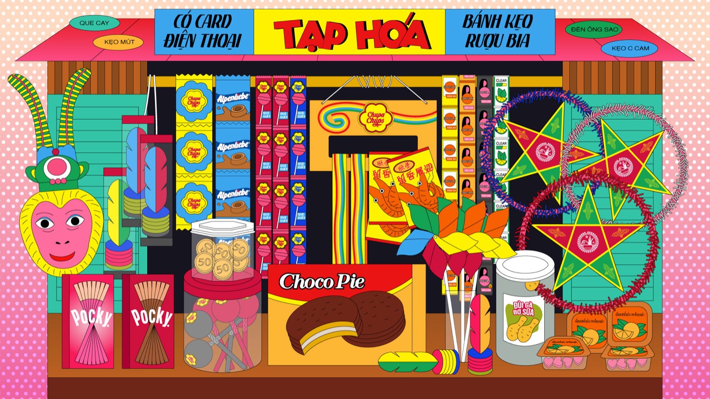 Colorful illustration of a Vietnamese neighborhood grocery store packed with snacks and toys