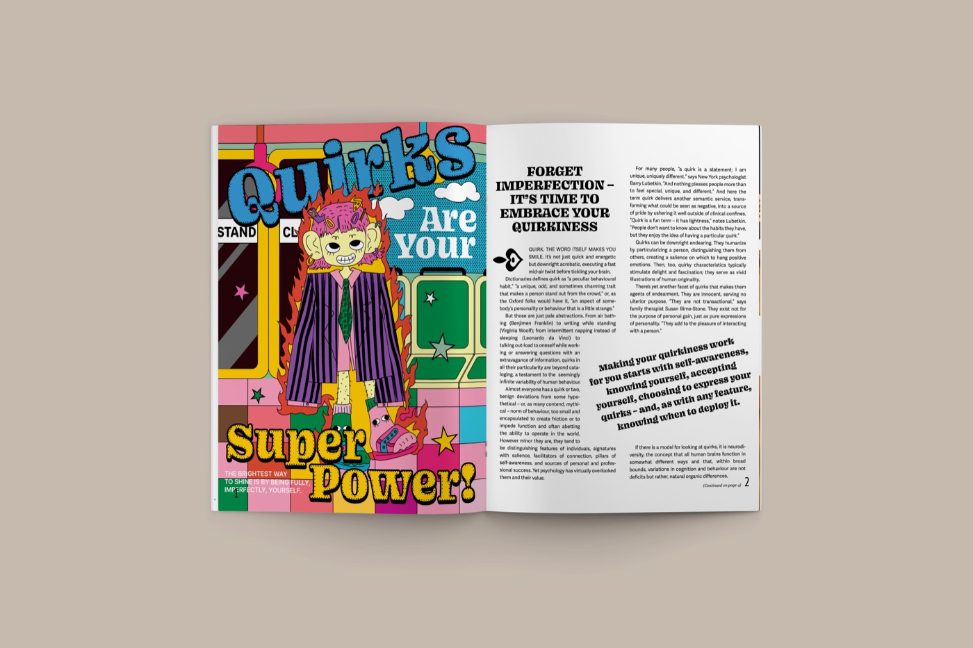 Magazine spread “Quirks Are Your Superpower” with a colorful illustrated character