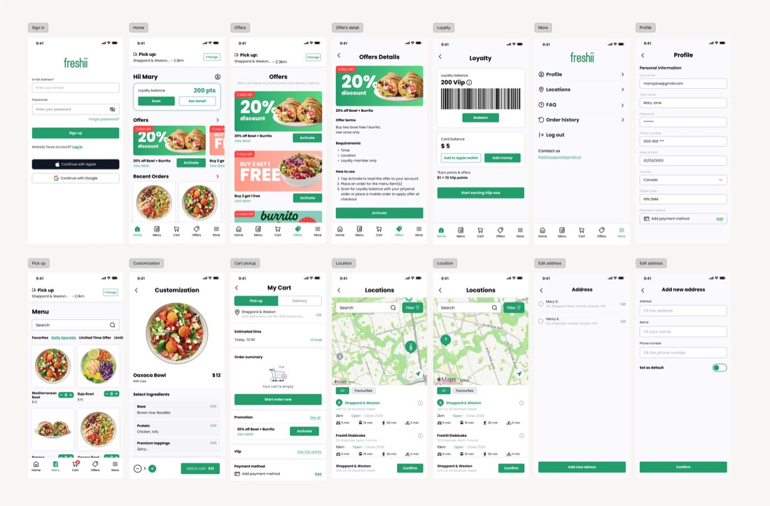 Final high-fidelity screens of the redesigned Freshii app