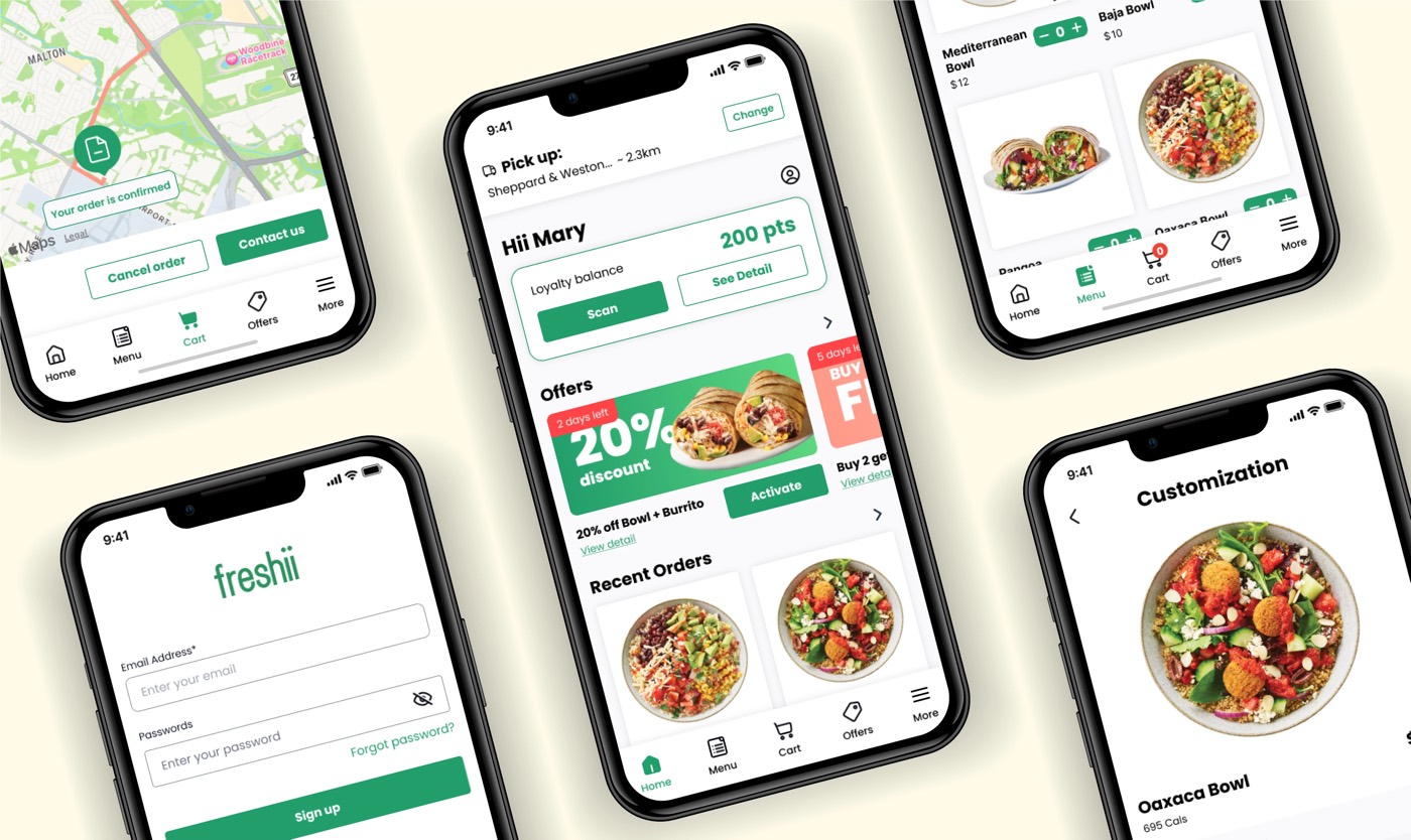 Multiple phone mockups showing the redesigned Freshii ordering app screens