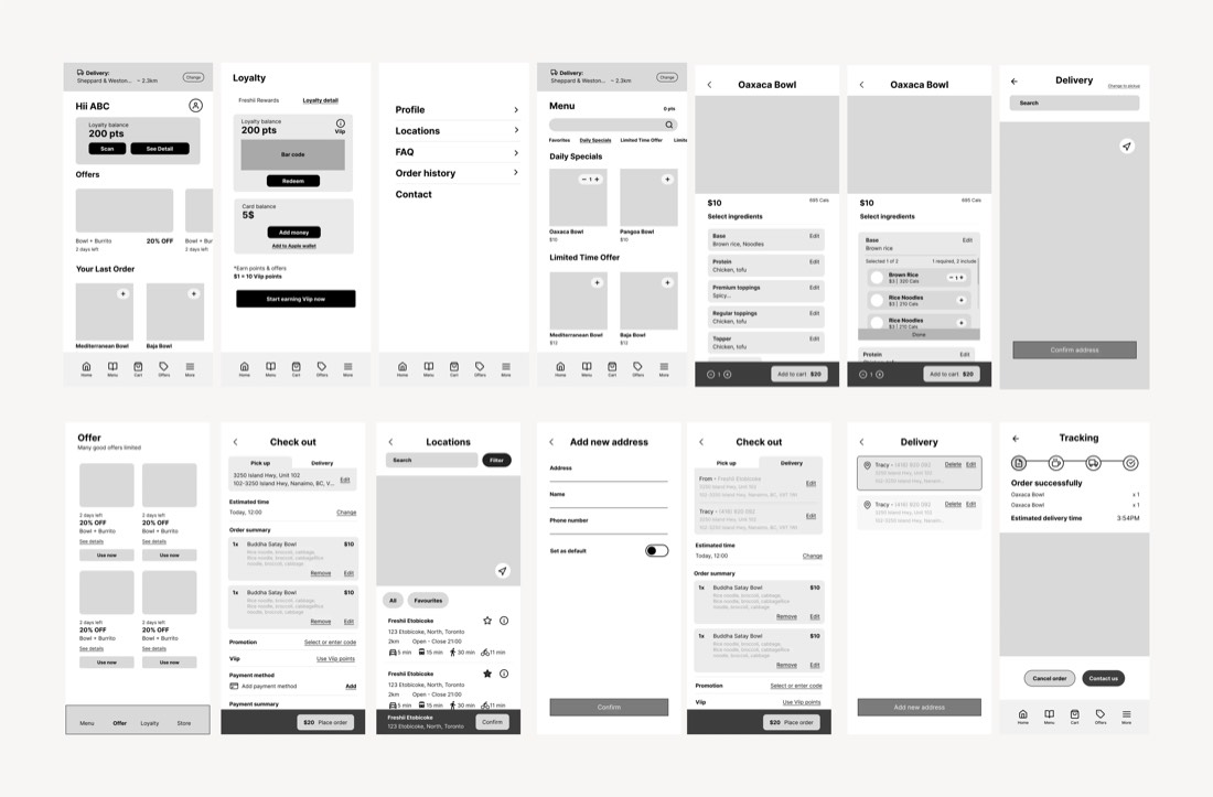 Low-fidelity wireframes for the redesigned screens