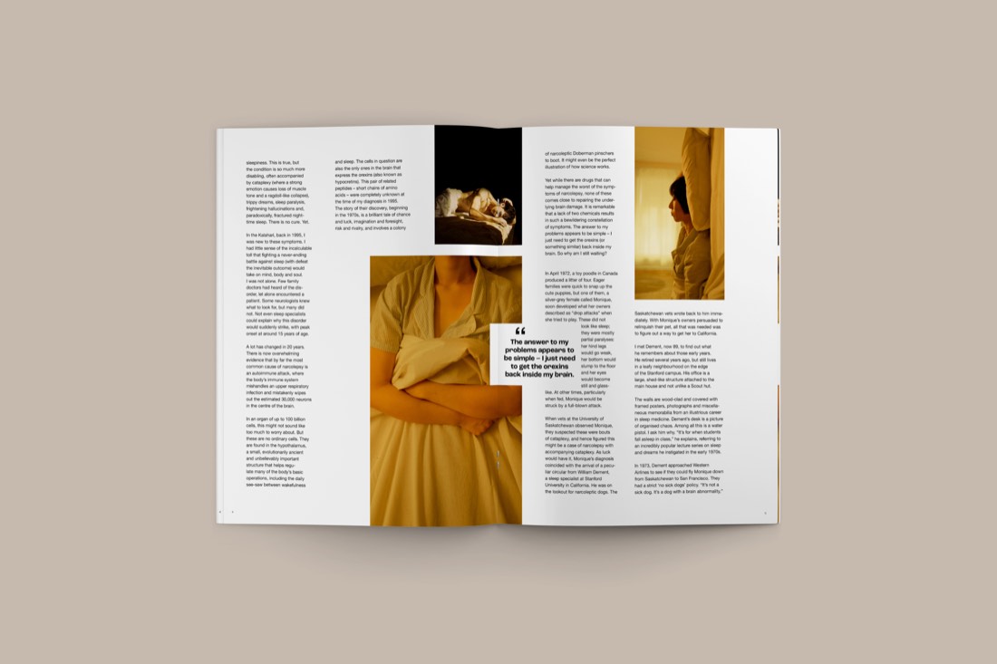 Magazine spread mixing photography and dense body copy on a grid