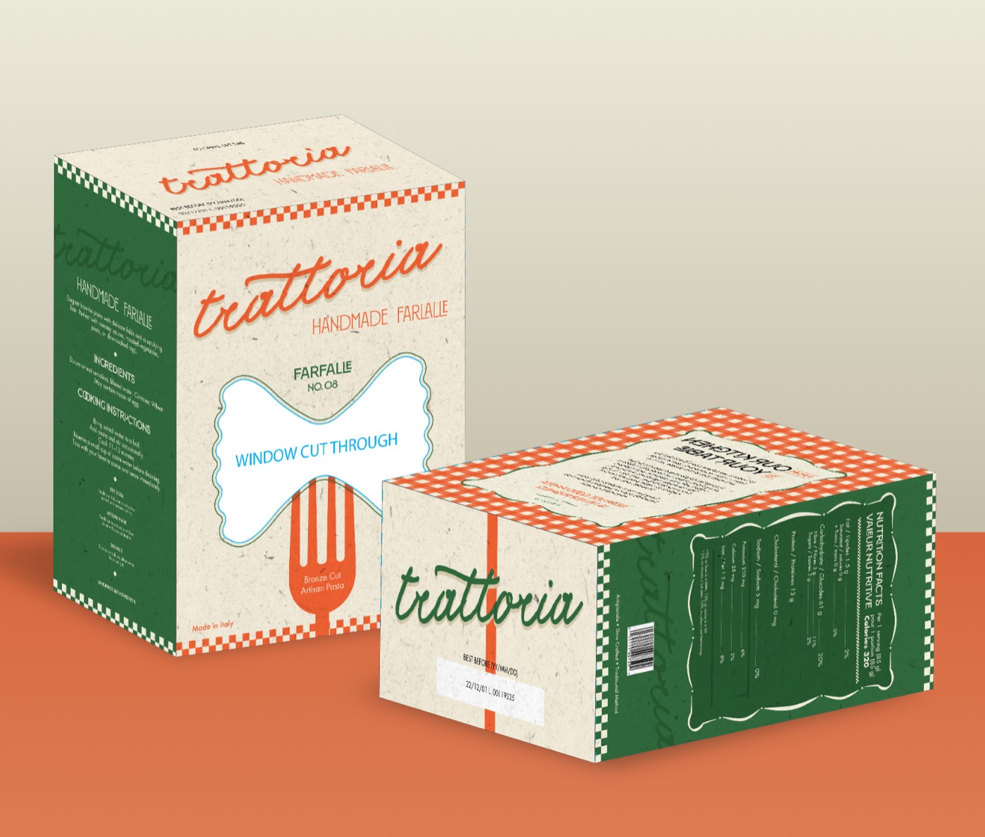 Trattoria pasta packaging boxes with a checkered red pattern and script logo