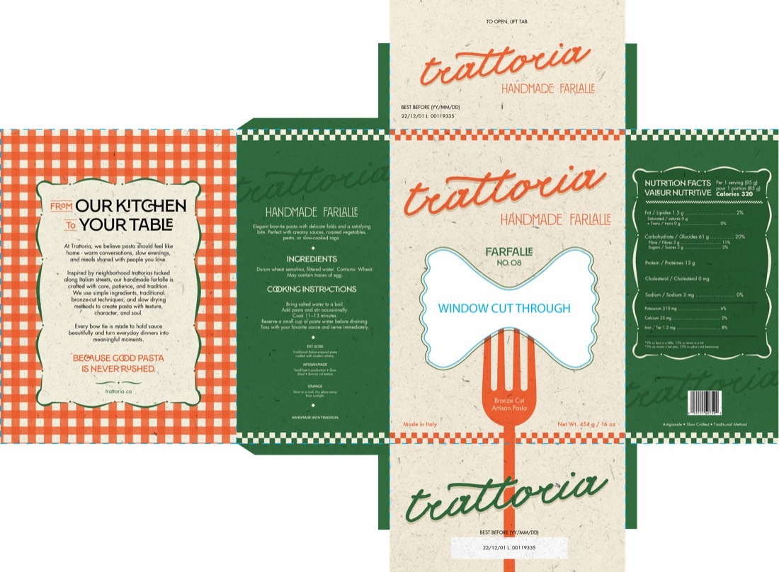 Unfolded die-line of the Trattoria pasta box showing all printed panels