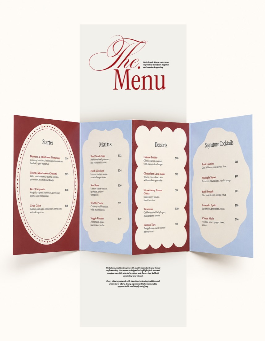 Tri-fold restaurant menu with burgundy scalloped borders