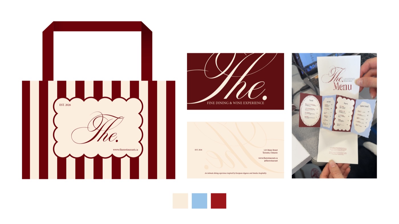 Branding for “The.” — a burgundy striped takeaway bag, script logo cards and a fold-out menu